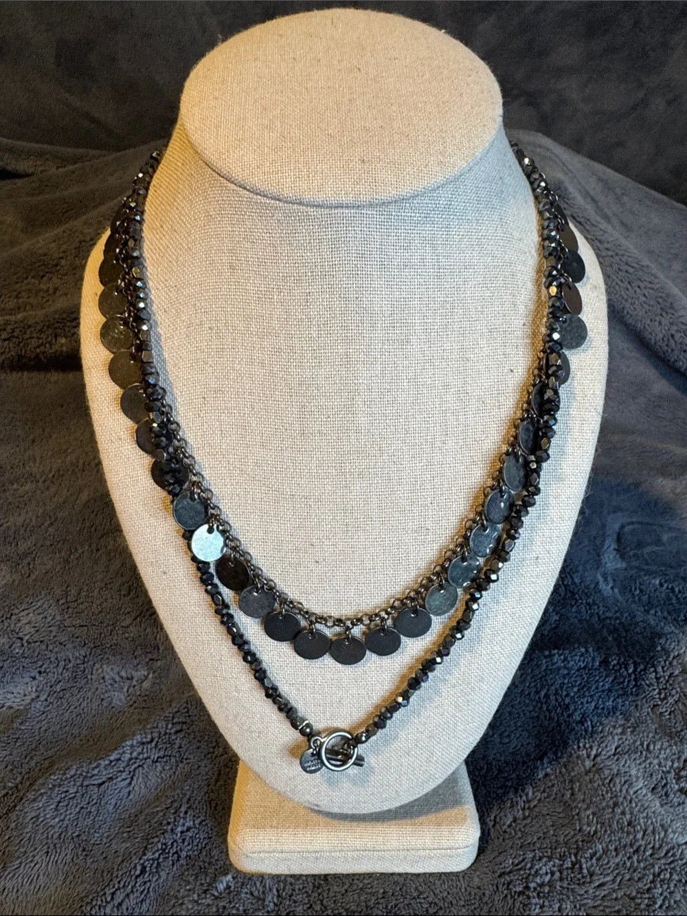 Gun Metal Grey Two-Way Necklace, Features Discs, OT Closure